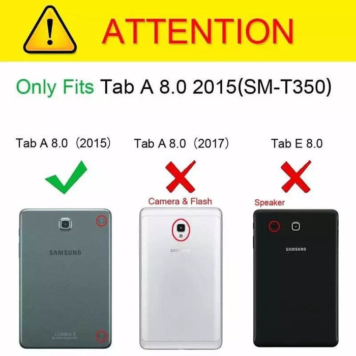 Black protective cover for Samsung Galaxy Tab A 8.0” (2015) T350, made by 9eight5, shown on a tablet screen.