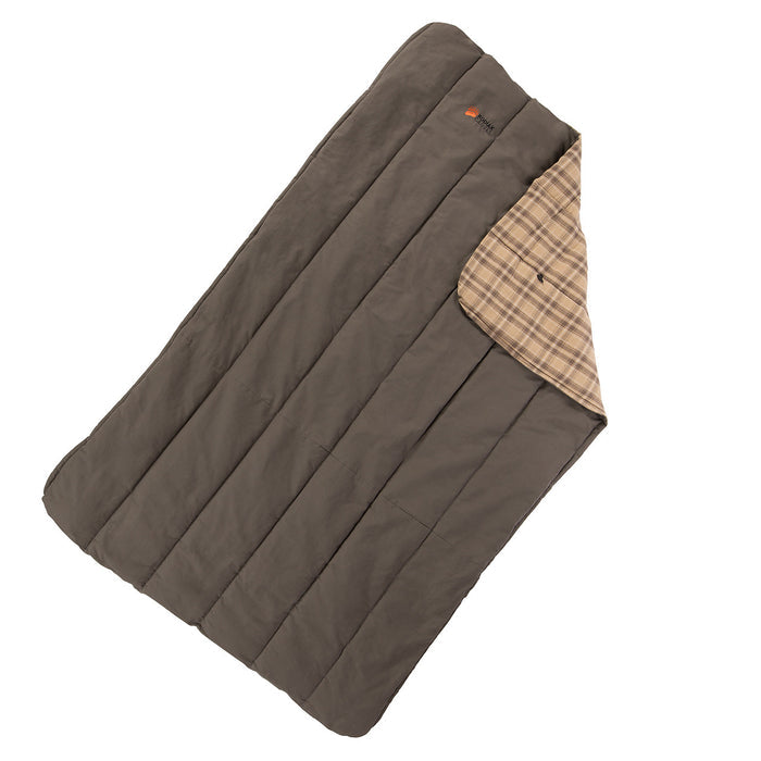 Cozy gray sleeping bag with plaid lining, perfect for camping or outdoor adventures.