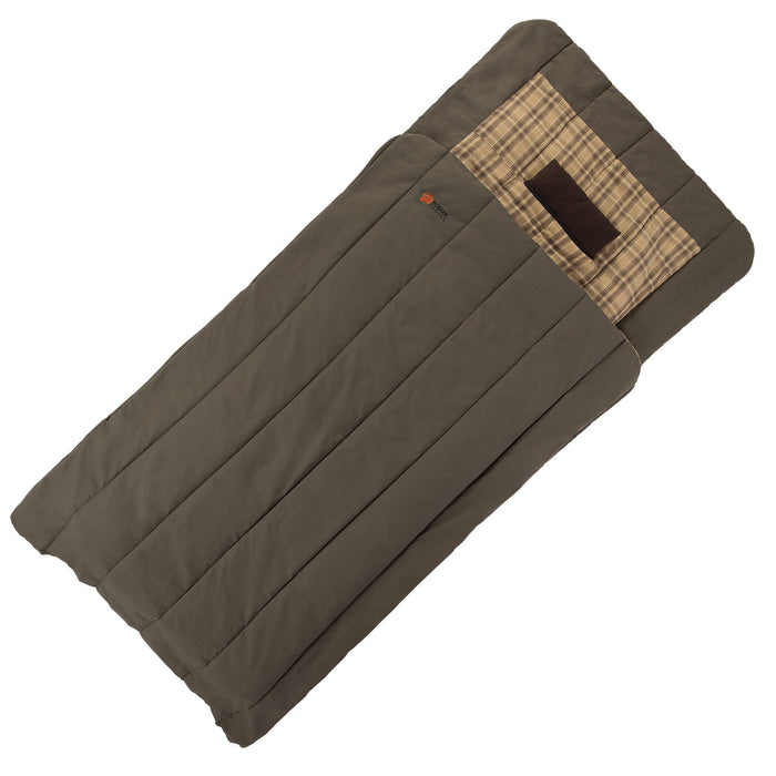 Olive green sleeping bag with plaid lining, soft material, perfect for camping and outdoor adventures.