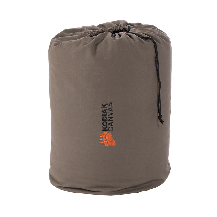Kodiak Canvas sleeping bag storage sack, durable grey fabric with logo, perfect for camping and outdoor use.