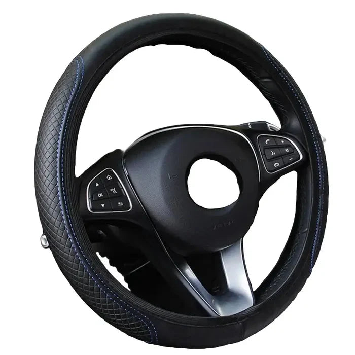 Habicare HBC braided steering wheel cover in black with colorful braided design, fits standard steering wheels.