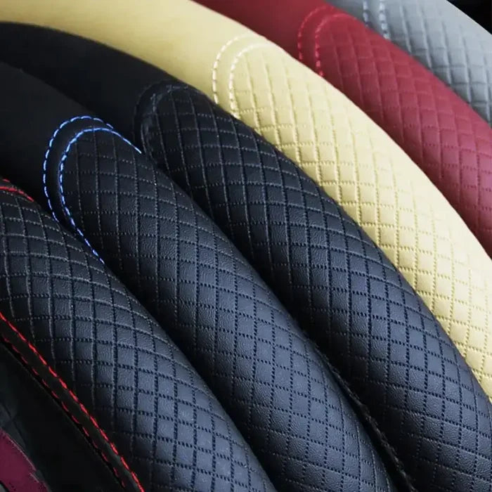 Habicare braided steering wheel cover in various colors, designed for a comfortable grip and stylish car interior.