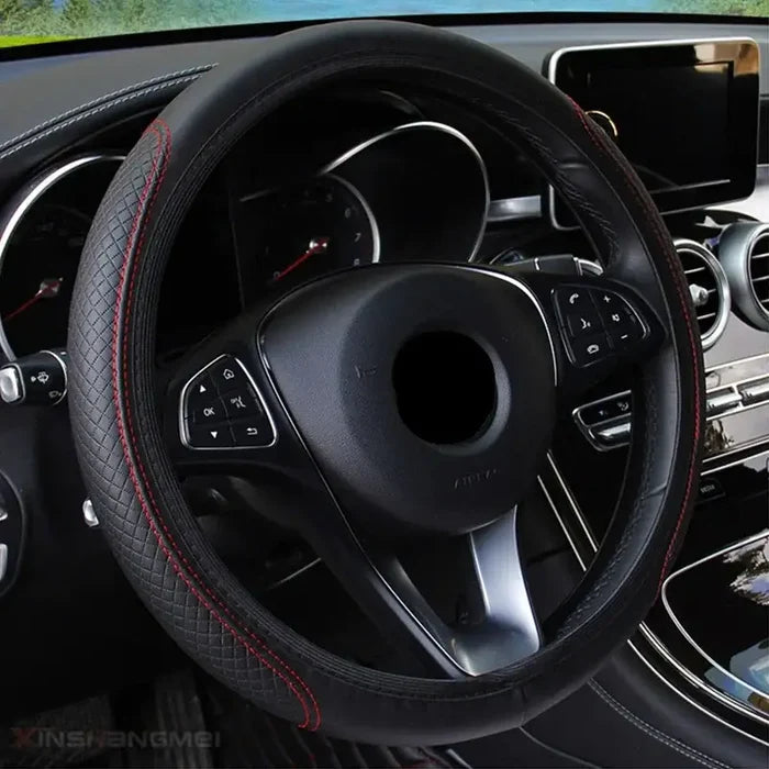Habicare HBC braided steering wheel cover in black with colorful woven design, fits standard car steering wheels.