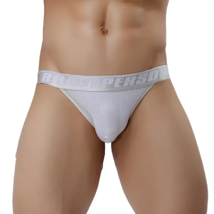 Men's briefs from Brave Person featuring sexy high-fork, low-waist design, shown in black with comfortable fit.
