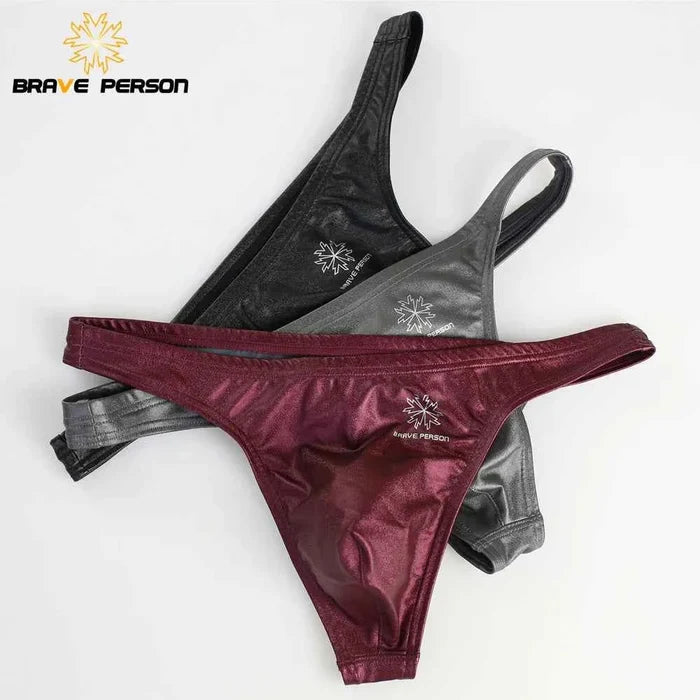 Men's low waist faux leather briefs from BRAVE PERSON, featuring a sleek, fitted design and stylish black faux leather material.