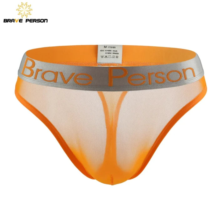 Transparent men's briefs by ShopHub NZ featuring low-waist design, mesh gauze fabric, breathable underwear for comfort.