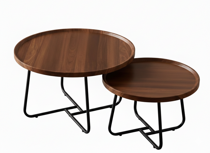 Set of two wooden nested round coffee tables by sue-e furniture, featuring natural wood finish and modern design.