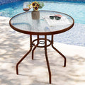 Brown 80cm tempered glass round garden table with sturdy metal frame, perfect for outdoor patio or garden setting.