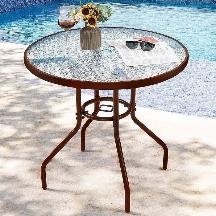 Brown 80cm tempered glass round garden table with sturdy metal frame, perfect for outdoor patio or garden setting.