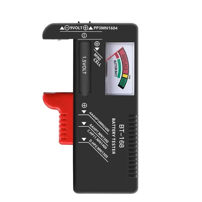 Habicare BT-168 universal battery tester for AA, AAA, C, D, and 9V batteries, with digital display and HBC design.
