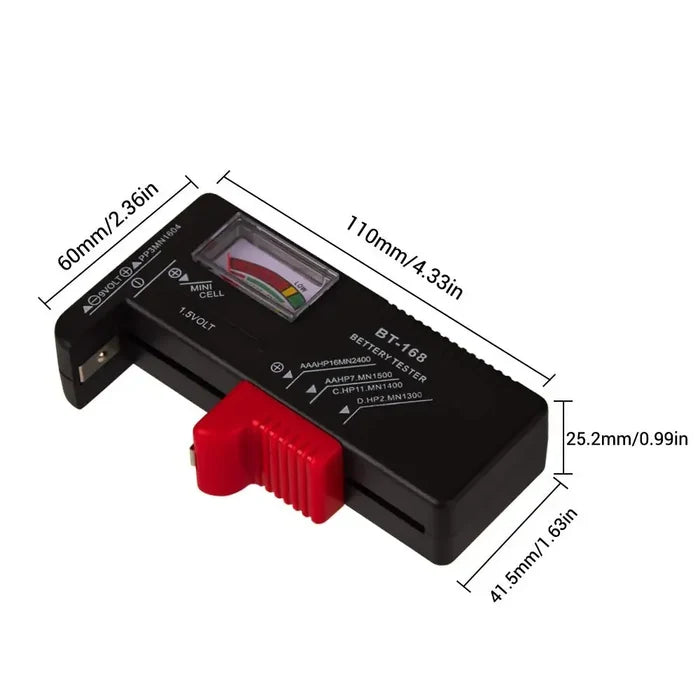 Habicare BT-168 universal battery tester displaying AA, AAA, C, D, and 9V batteries for testing and checking battery health