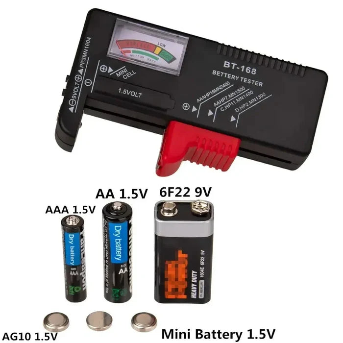 Habicare BT-168 universal battery tester for AA, AAA, C, D, 9V, and button cell batteries, showing the device with batteries inserted.