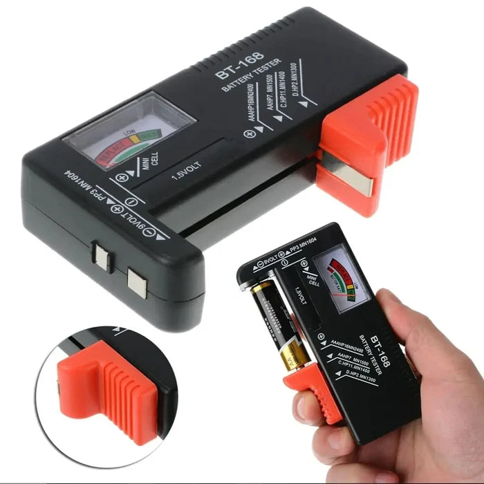 Habicare BT-168 universal battery tester for AA, AAA, C, D, 9V, and button cell batteries showing the device and batteries.
