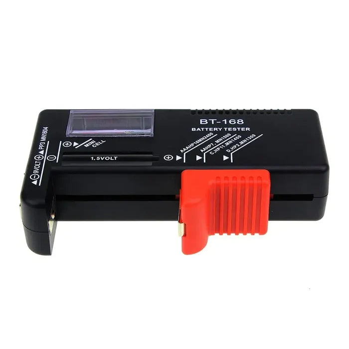 Habicare BT-168 universal battery tester showing AA, AAA, C, D, and 9V batteries being checked on the device.