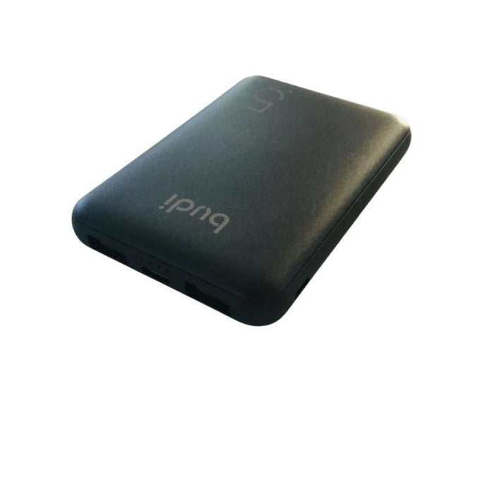 9eight5 Budi 5,000 mAh power bank with USB ports, compact electronics accessory for portable charging.