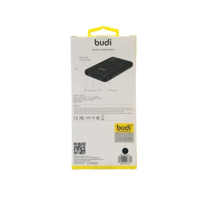 9eight5 Budi 5,000 mAh power bank in black with USB ports, portable electronics accessory for charging devices.
