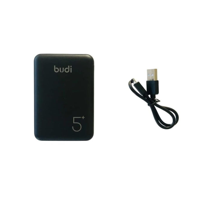 9eight5 Budi 5,000 mAh power bank with USB ports and compact design, ideal for charging devices on the go.