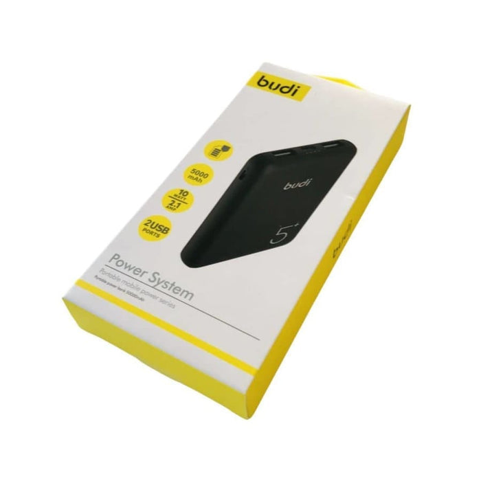9eight5 Budi 5,000 mAh power bank showing its compact design with USB ports for charging devices.