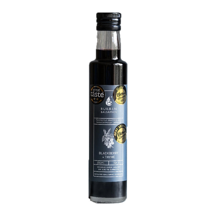 Bottle of Sunnyside Blackberry & Thyme balsamic vinegar on a white background