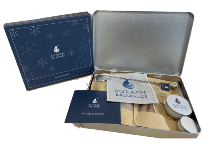 Burren Balsamics mulled wine kit with a silver tin and branded items.