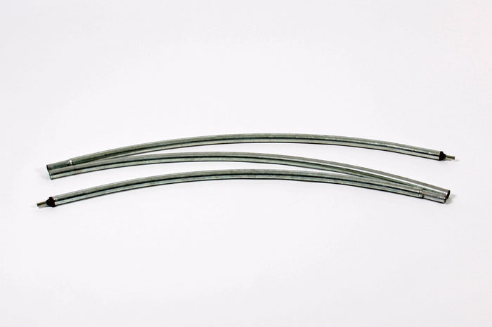 Two curved metal tubes, silver color, ideal for machinery or construction applications.