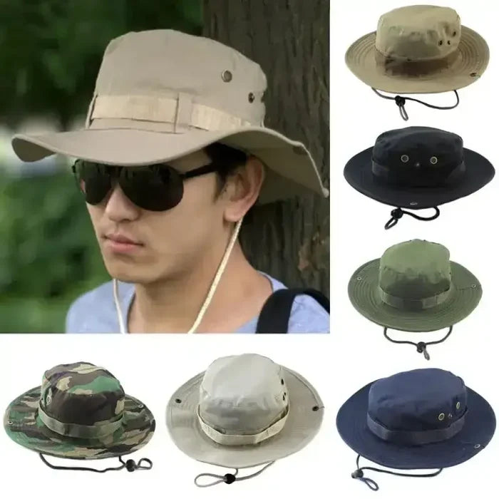 Camouflage tactical cap by Habicare with a wide brim, adjustable 60CM size, ideal for outdoor sports and sun protection.