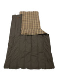 Brown plaid camping sleeping bag, durable fabric, warm insulation, spacious design for outdoor comfort.