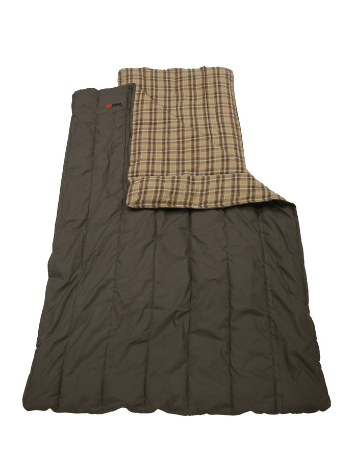 Brown plaid camping sleeping bag, durable fabric, warm insulation, spacious design for outdoor comfort.