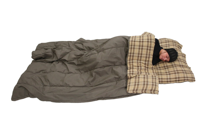 Cozy brown sleeping bag with plaid insulated top, ideal for camping and outdoor adventures.
