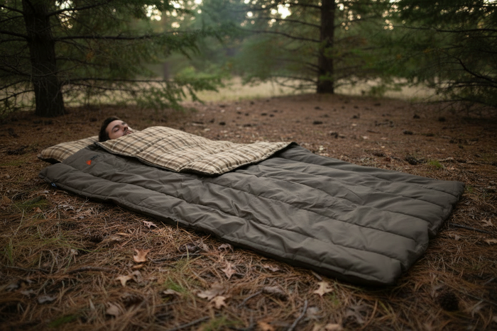Cozy brown sleeping bag with plaid top, perfect for camping and outdoor adventures in nature.