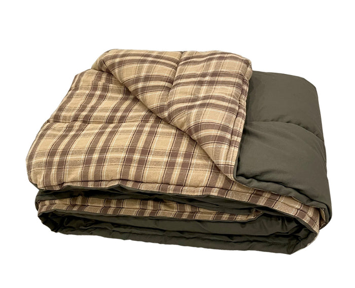 Cozy plaid blanket in brown and tan, made from soft fabric, ideal for warmth and style.