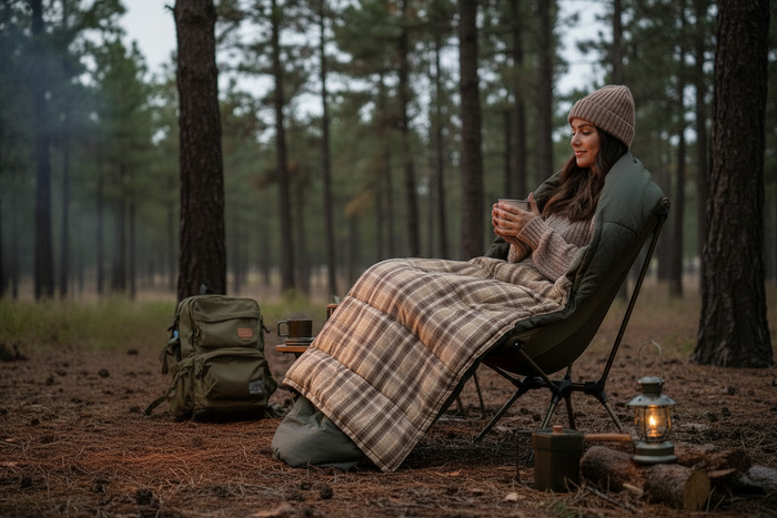 Cozy outdoor scene with a woman in a plaid blanket, relaxing in a green camping chair in a forest.