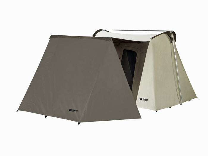 Two-tone tent featuring durable canvas material, ideal for outdoor camping and weather resistance.