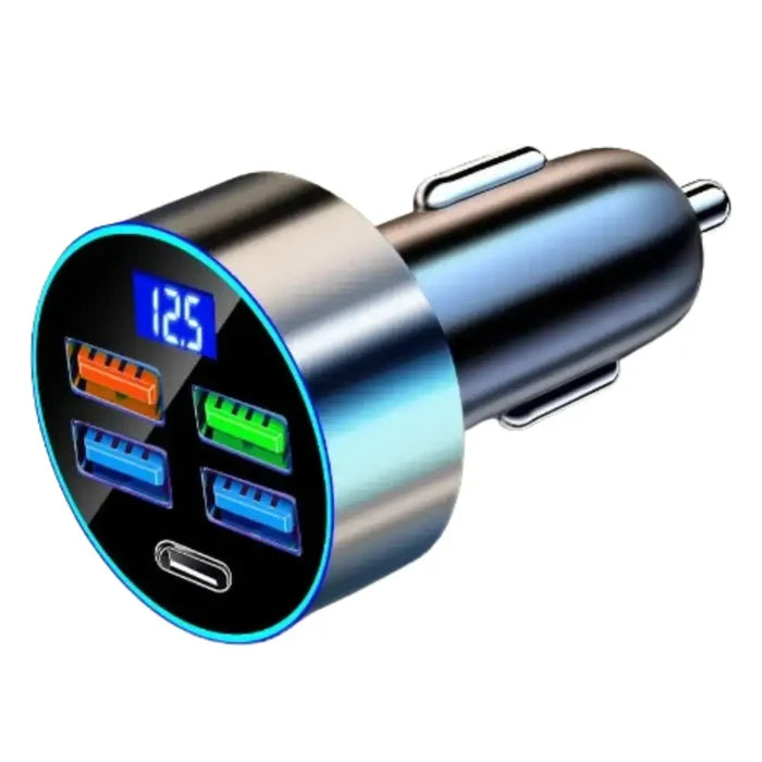 Black 9eight5 Habicare car adapter with voltage protection and multiple USB ports for safe in-vehicle charging.