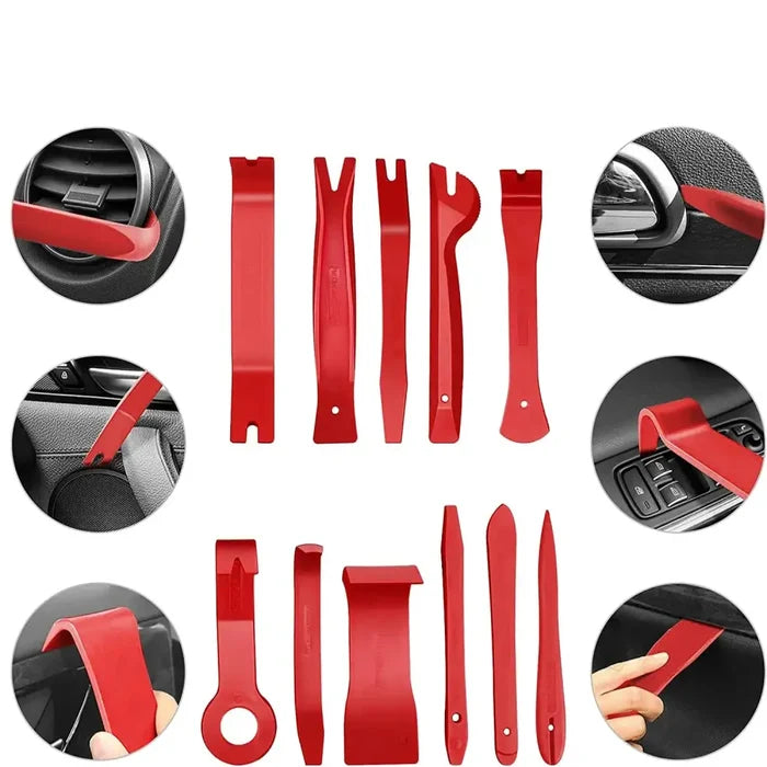HBC Habicare car interior trim removal tool kit with various sets and colors, featuring plastic pry tools for dashboard and panel removal.