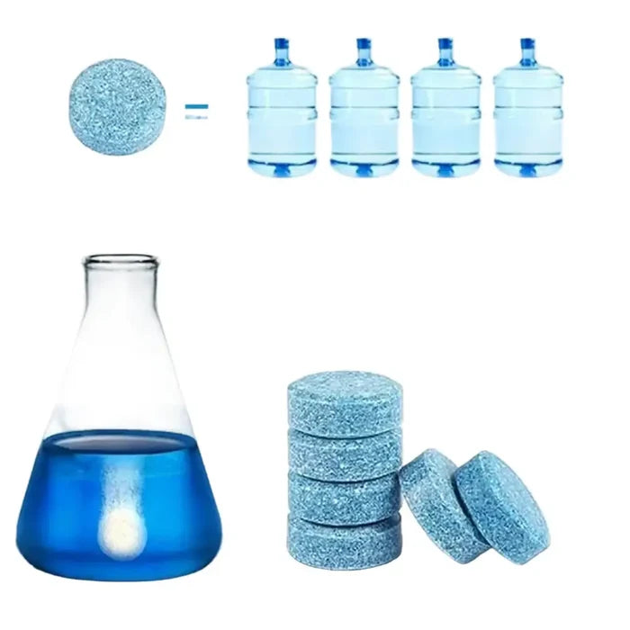 Habicare HBC car windscreen cleaner effervescent tablets, visible in different quantities, for easy glass cleaning.