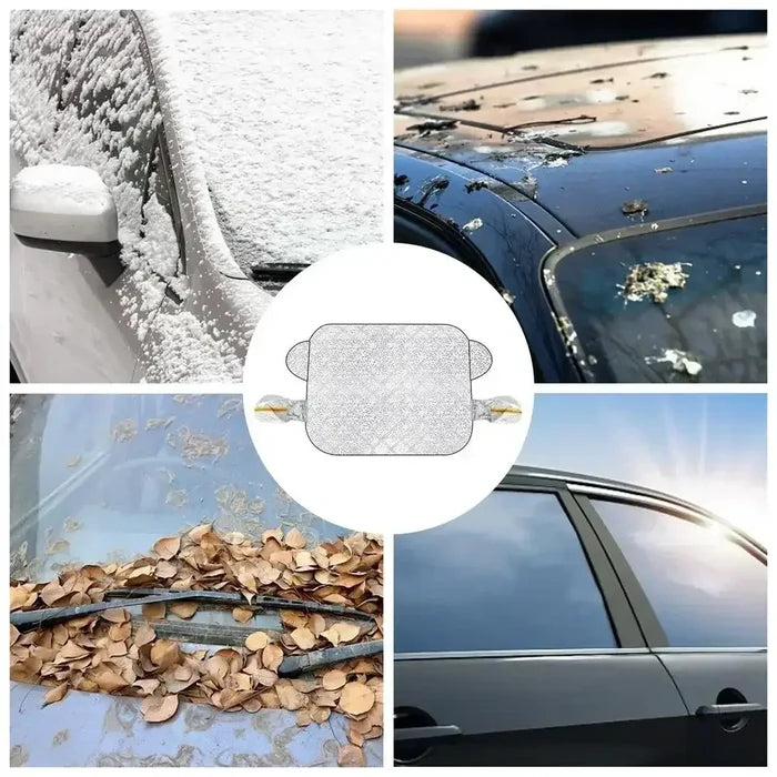 Habicare HBC car windshield snow and ice protector, front and rear winter sunshade cover on a vehicle.