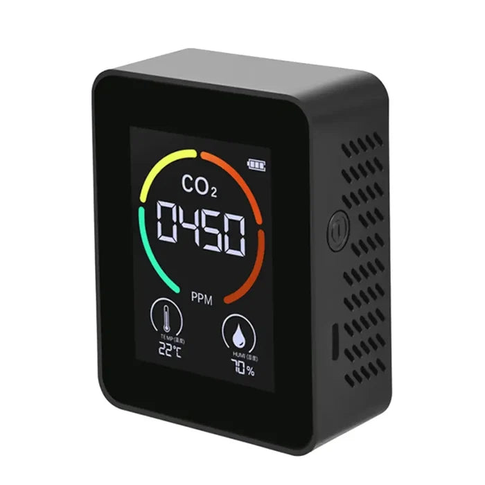 Habicare HBC carbon dioxide monitor with multifunctional thermohygrometer and air quality display.