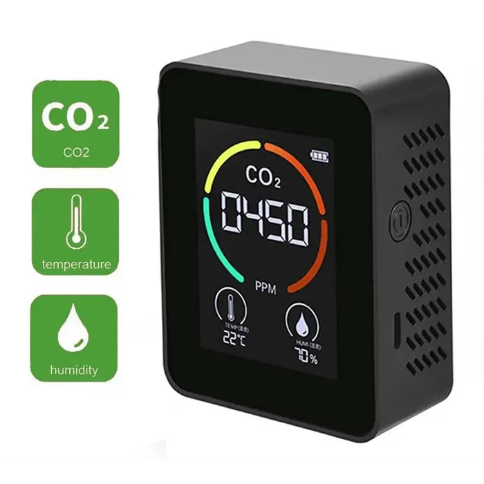 Habicare HBC carbon dioxide monitor with thermohygrometer and air quality detection, showing digital display and sensor components.