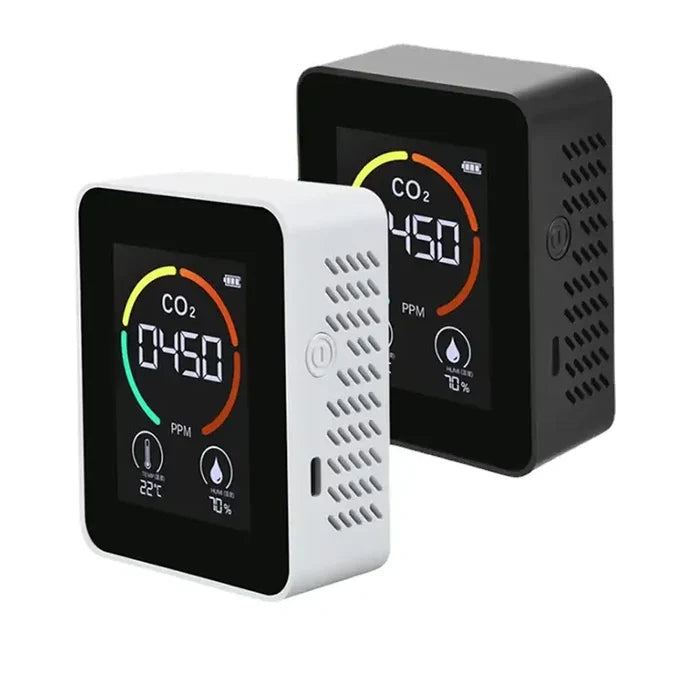 Habicare HBC carbon dioxide monitor with multifunctional thermohygrometer and air quality display in a home setting.