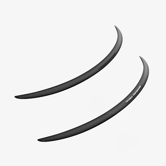 Two black, curved Carbon Fiber Rear Spoiler strips from HALOBLK Store for Tesla Model 3 are shown on a white background. One strip displays "HULK PERFORMANCE." Both have a textured surface and pointed ends.