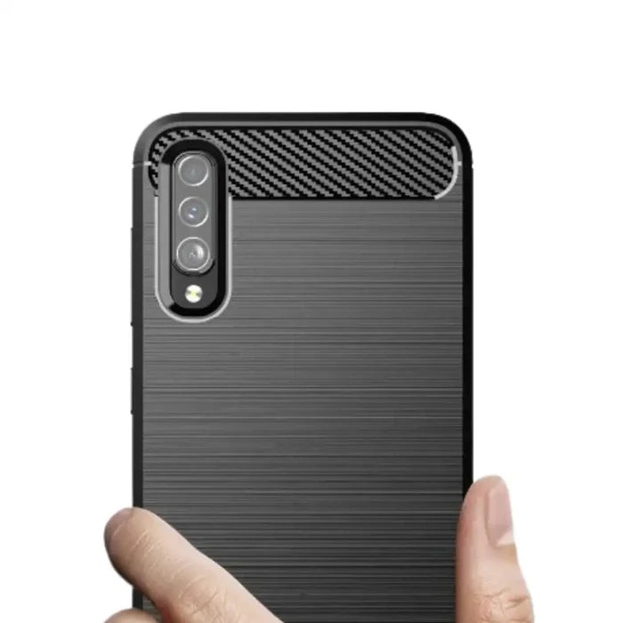 Habicare 9eight5 carbon fiber shockproof case for Samsung Galaxy A series showing sleek textured design and reinforced edges.