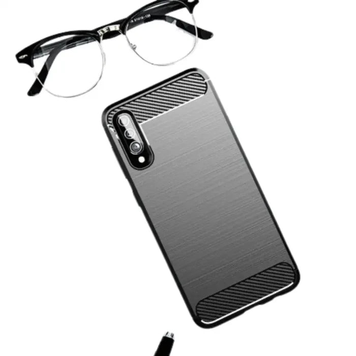 Habicare 9eight5 carbon fiber shockproof case for Samsung Galaxy A Series, protective phone cover with textured black design.