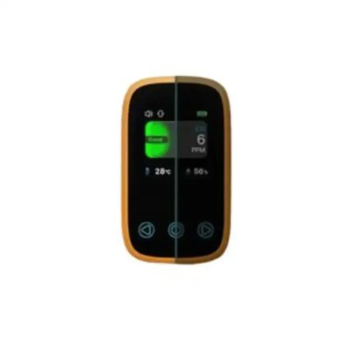 Habicare HBC carbon monoxide detector and air quality monitor with digital display and sensors for home safety.