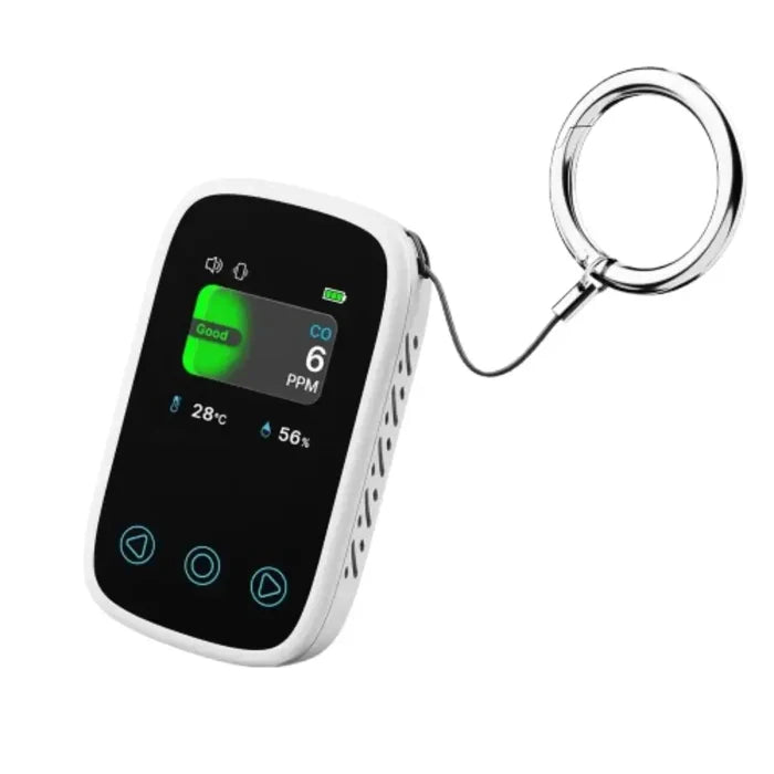 Habicare HBC carbon monoxide detector and air quality monitor with digital display and alert features.
