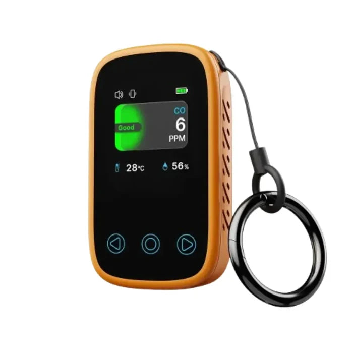 Habicare HBC carbon monoxide detector and air quality monitor with digital display and sensor indicating air safety levels.