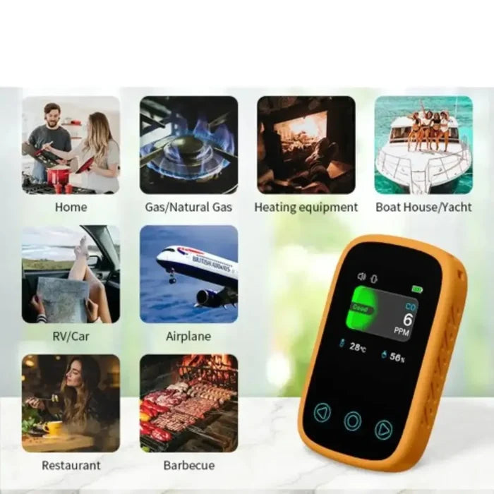 Habicare HBC carbon monoxide detector and air quality monitor with digital display and sensor for home safety.