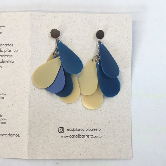 blue and yellow earrings made from shampoo bottles
