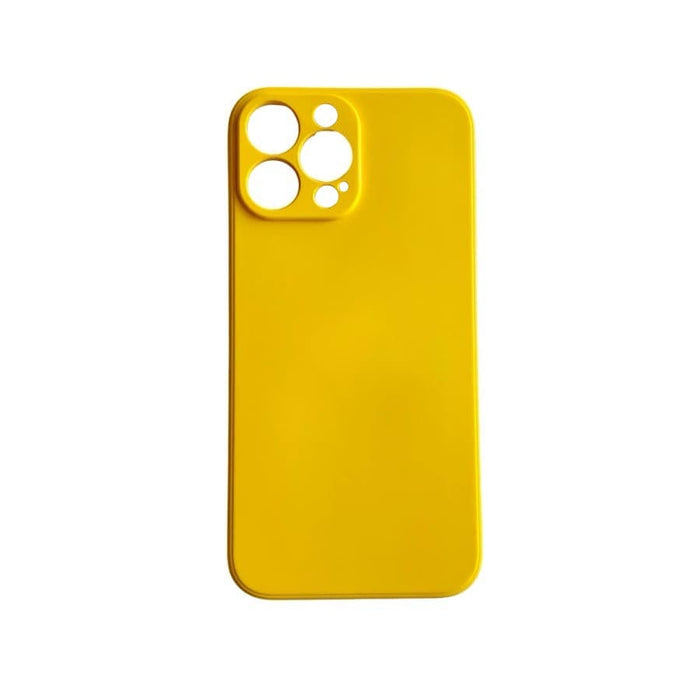 Yellow iPhone 13 Pro Max case by 9eight5, slim phone case with precise cutouts for buttons and camera protection.
