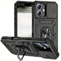 Black 9eight5 rugged armor phone case for iPhone 16 (6.1-inch), shown with textured grip and precise cutouts.